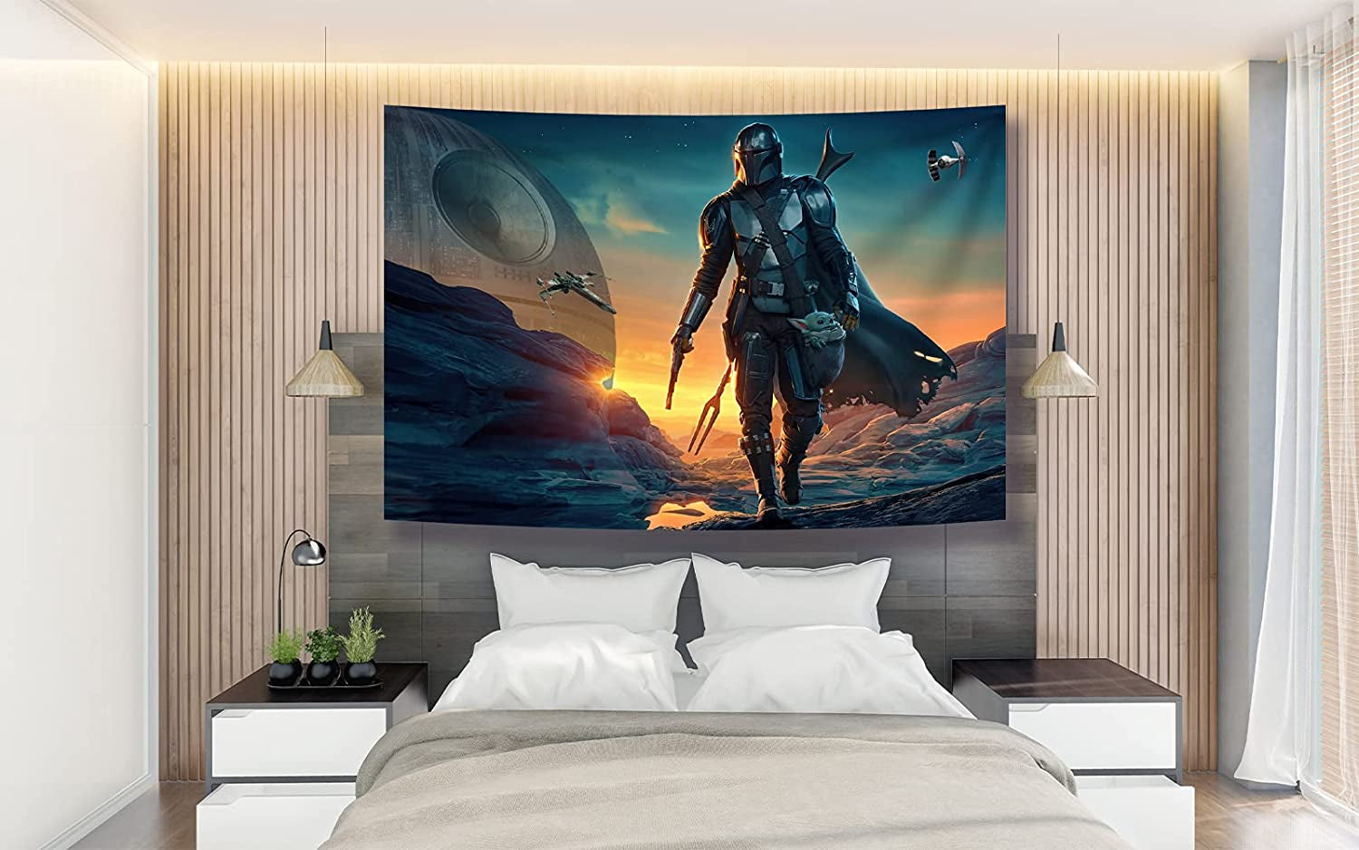 Tapestry Banner Star Wars Mandalorian Yoda Blue Death Star Wall Posters Wall Hanging Decoration for Bedroom Dorm Cool-For Party Art Wall Tapestry (Mandalorian Yoda, 39''X 59'')
