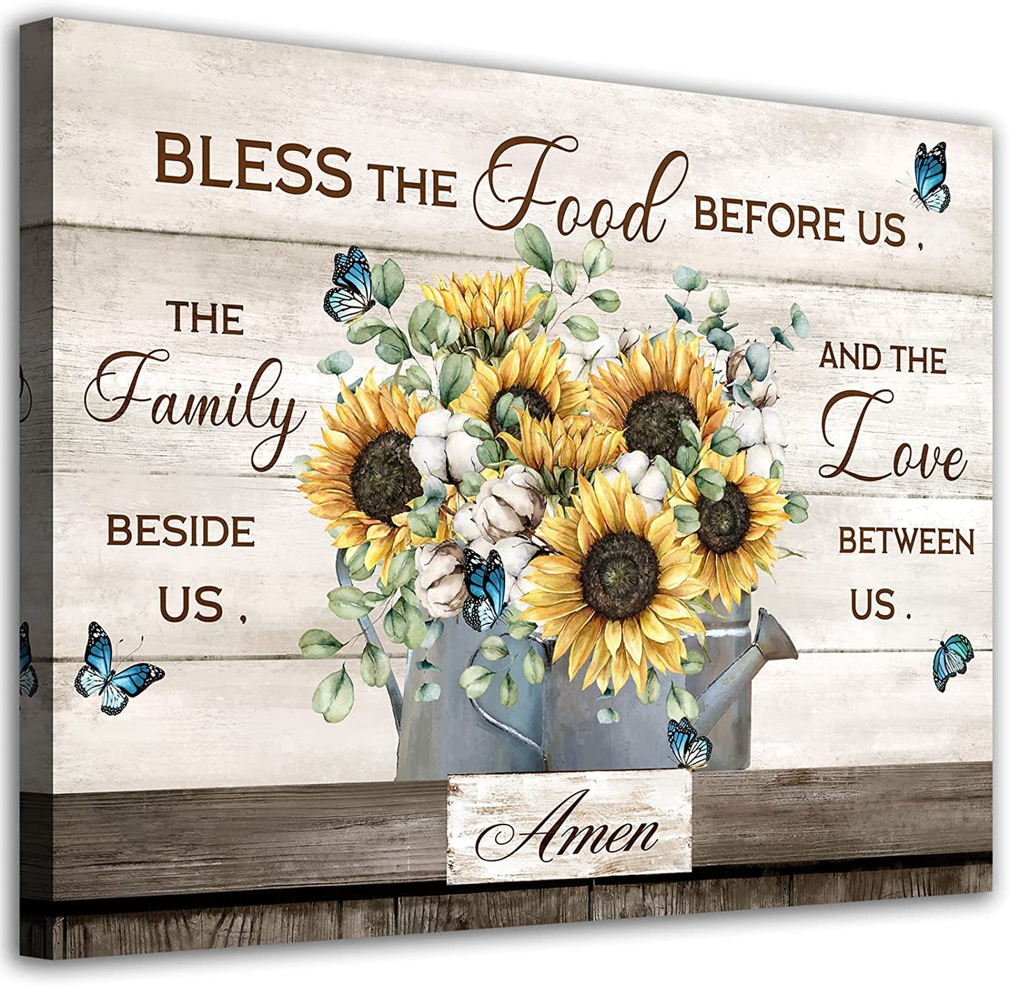 Flowers Canvas Wall Art Inspirational Quotes Canvas Pictures Farmhouse Sunflower Artwork Wall Decor Bless the Food before Us Prints for Kitchen Living Room Bedroom Dinning Home Decor Framed 12" X16"