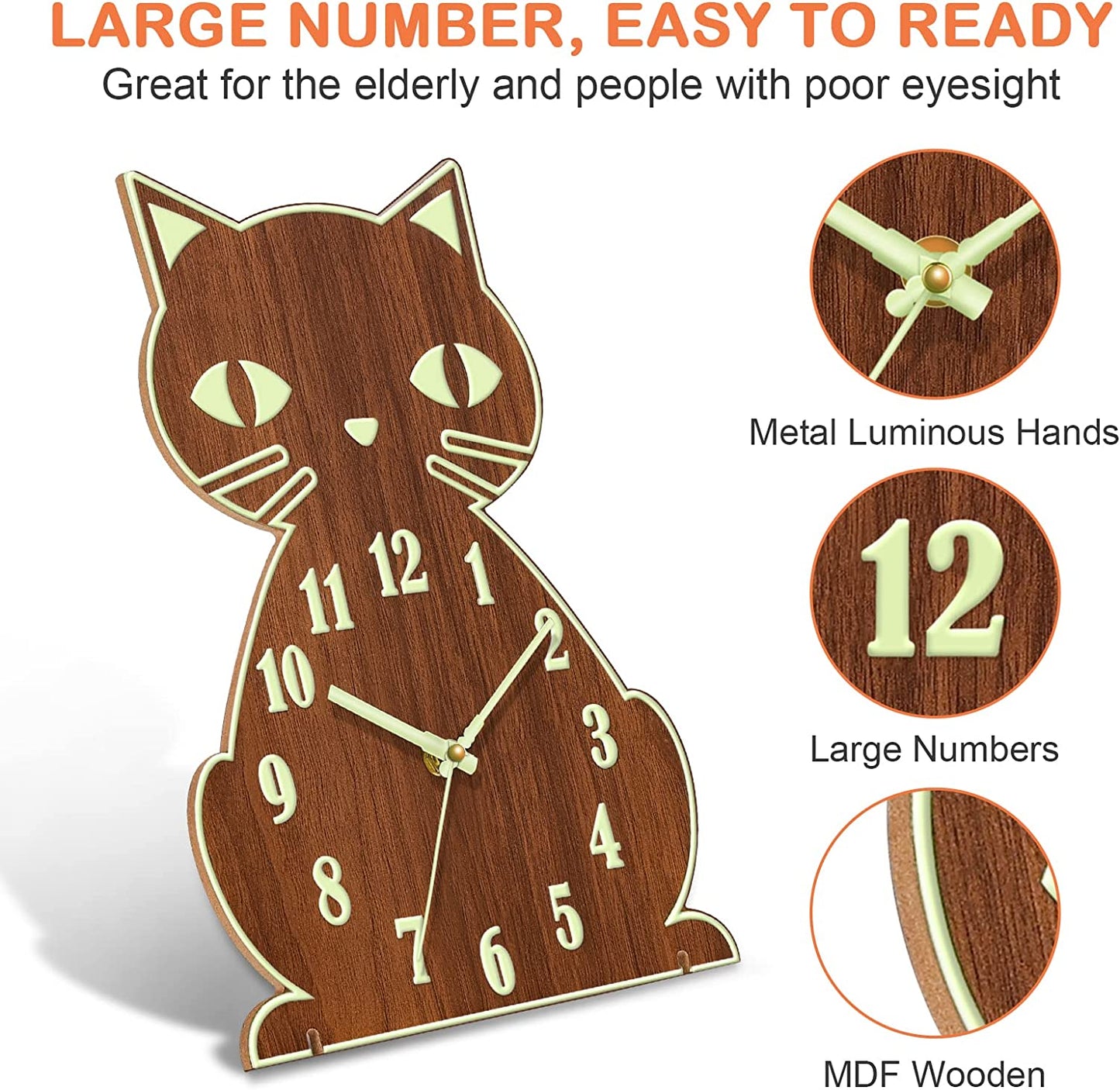 Night Light Wall Clock - Cat Wall Clocks Glow in Dark, Silent Non-Ticking Wood Clocks Battery Operated, Rustic Farmhouse Modern Clock Decorative for Kitchen Living Room Bedroom (12 Inch)