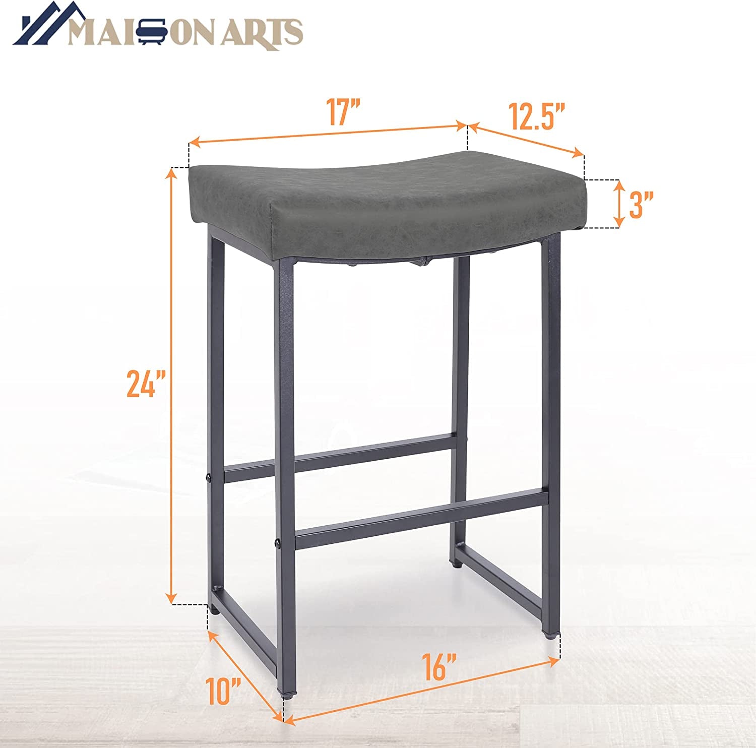 Grey Bar Stools Set of 2 Counter Height 24 Inches Saddle Stools for Kitchen Counter Backless Modern Barstools Upholstered Faux Leather Stools Farmhouse Island Chairs, Grey, 2Pcs