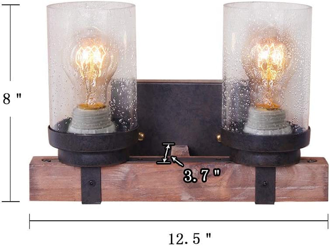 Farmhouse Wall Sconce Light Fixtures Wood Metal 2-Light Bathroom Vanity Lights over Mirror with Bubble Glass Shade for Bedroom,Kitchen,Living Room,Hallway W0019