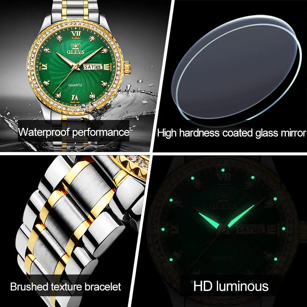 OLEVS Luxury Diamond Watches for Men Waterproof Mens Fine Business Casual Watch Calendar Week Analog Quartz Watch for Christmas