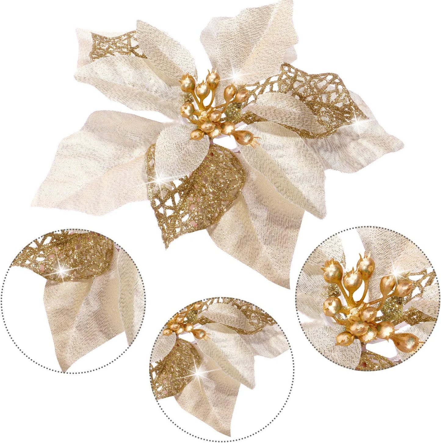 36 Pieces Christmas Glitter Poinsettia Faux Flowers Christmas Flowers Decorations Wedding Xmas Tree New Year Ornaments (Gold)