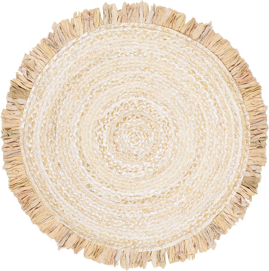 Braided Collection 3' round Beige BRD451B Handmade Boho Fringe Reversible Cotton Area Rug