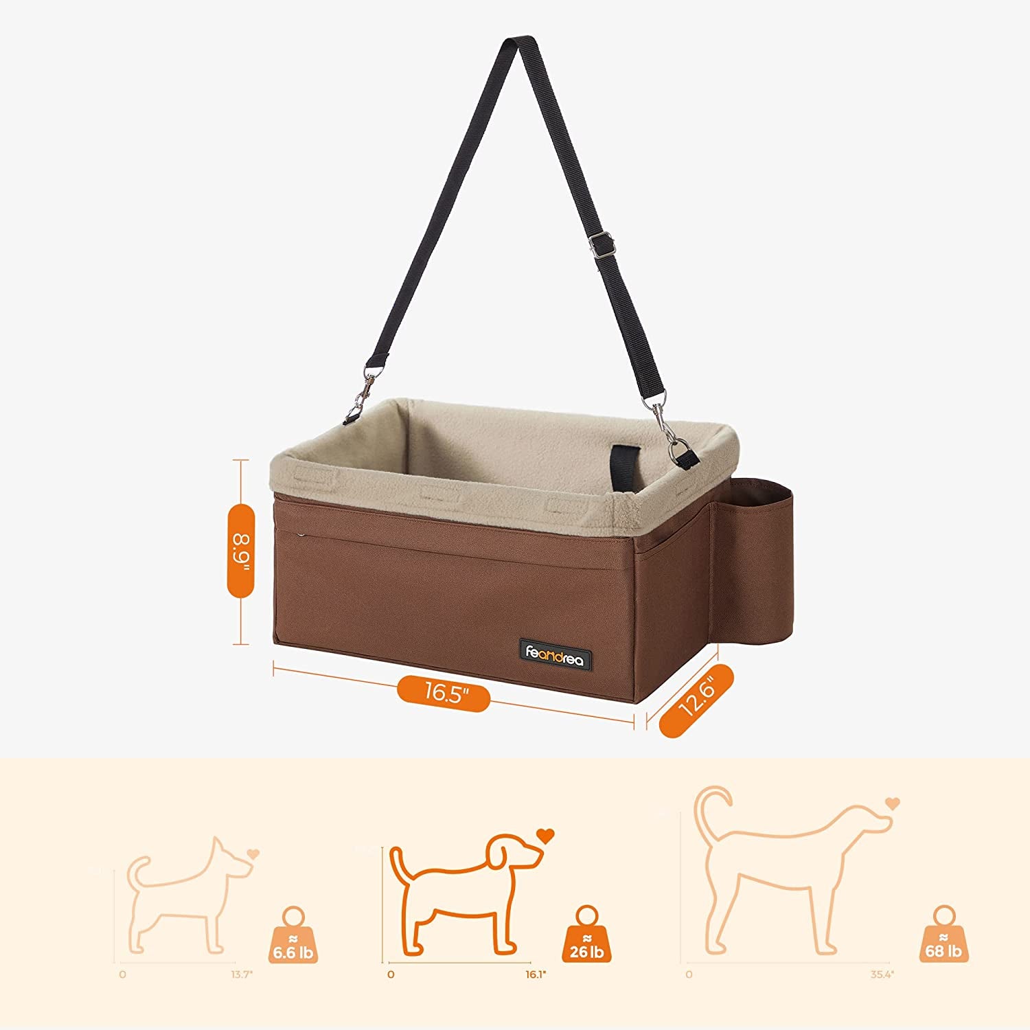 Dog Car Seat, Pet Booster Seat for Small Dogs up to 18 Lb, with Adjustable Straps, Removable Washable Fleece Liner, 4 Pockets, for Front Seats, Back Seats, Brown and Beige UPBS042K01