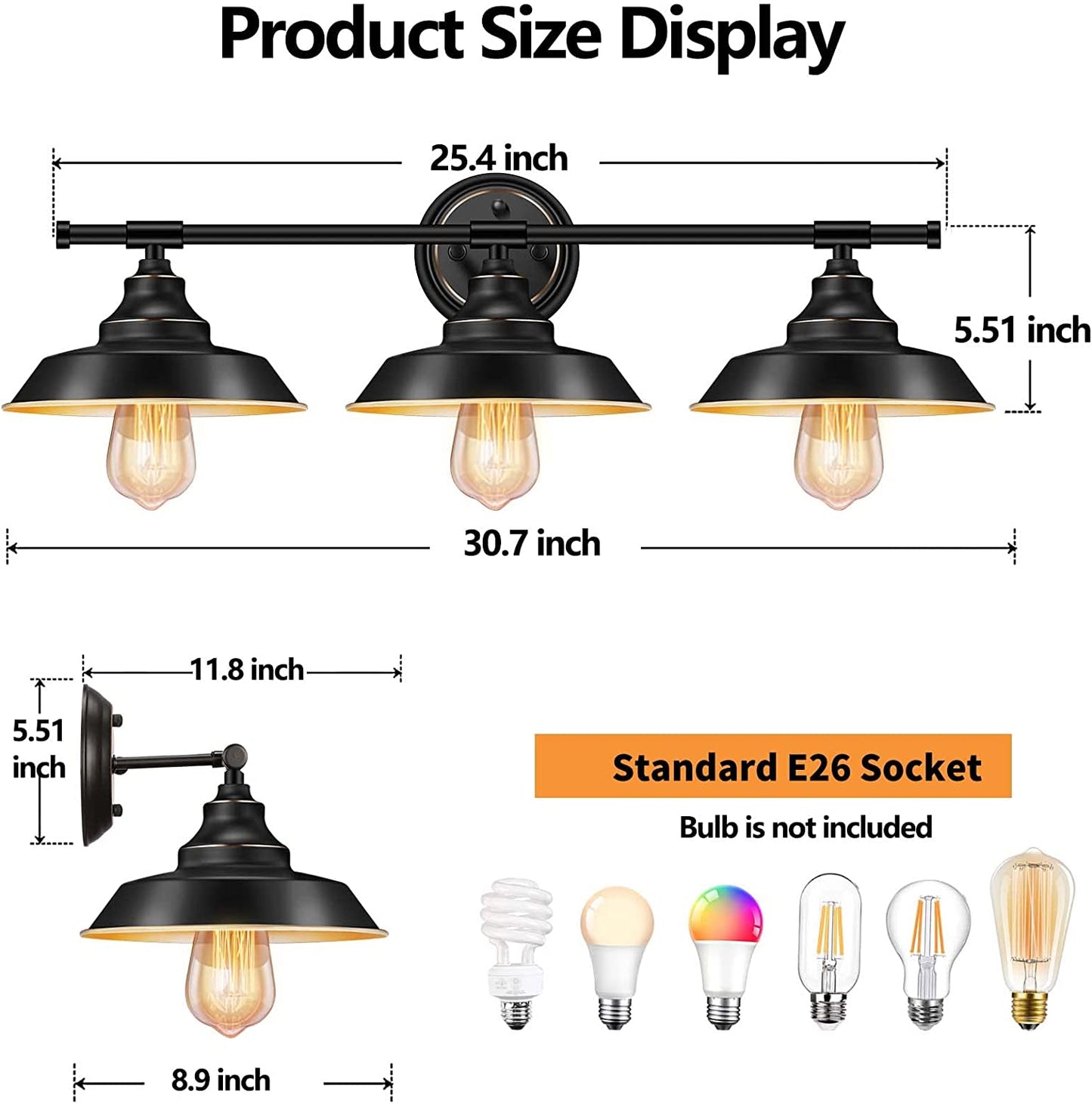 Farmhouse Rustic Style Vintage 3-Lights Vanity Wall Sconce Lighting,  E26 Base Metal Matte Black Industrial Bathroom Wall Light Fixture for Bathroom Vanity Mirror Cabinets Dressing Table