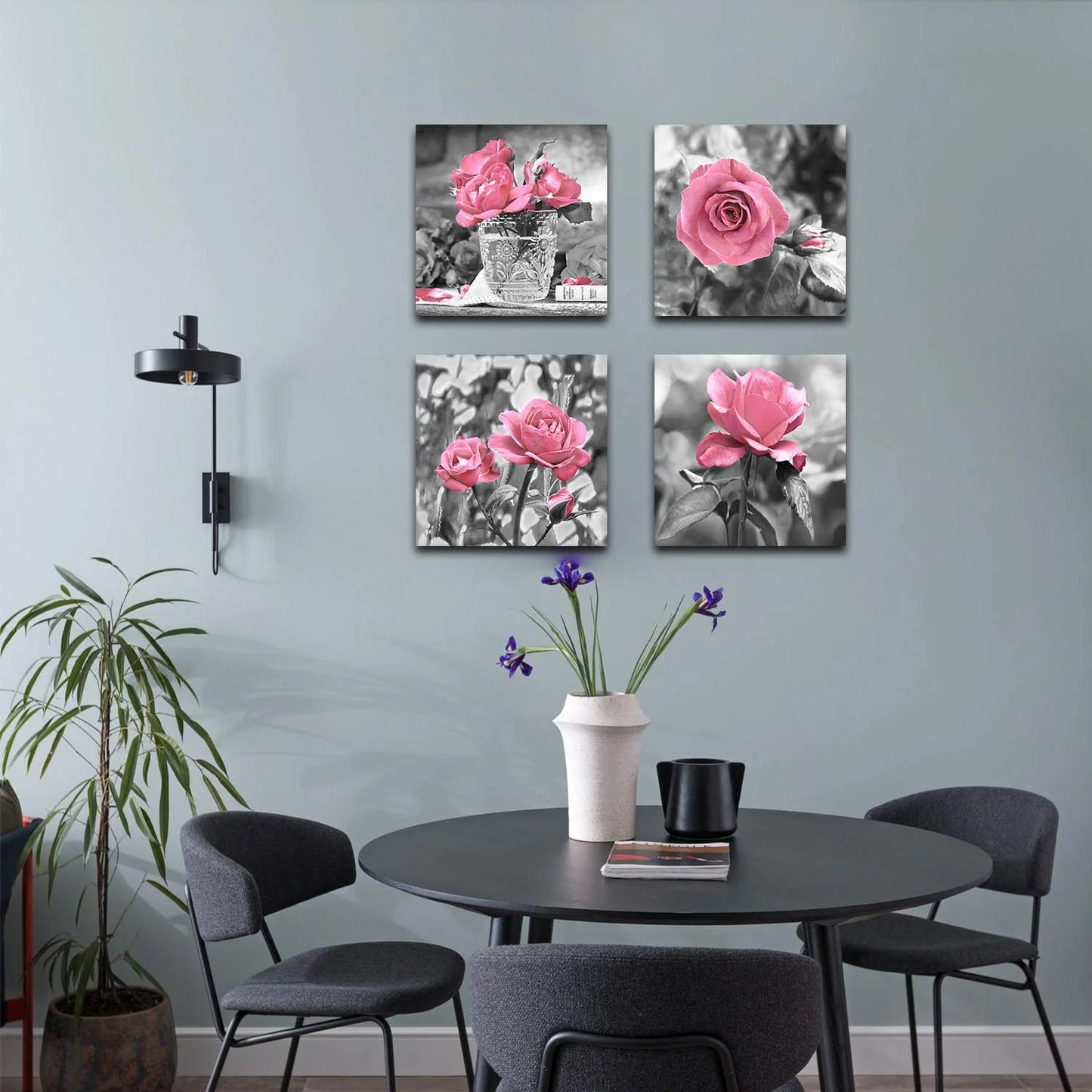 4 Panel Pink Rose Flower Wall Art Paintings Wall Art Paintings Floral Prints on Black and White Canvas Wall Decoration Framed for Bathroom Bedroom Decor Artwork 14X14 Inch