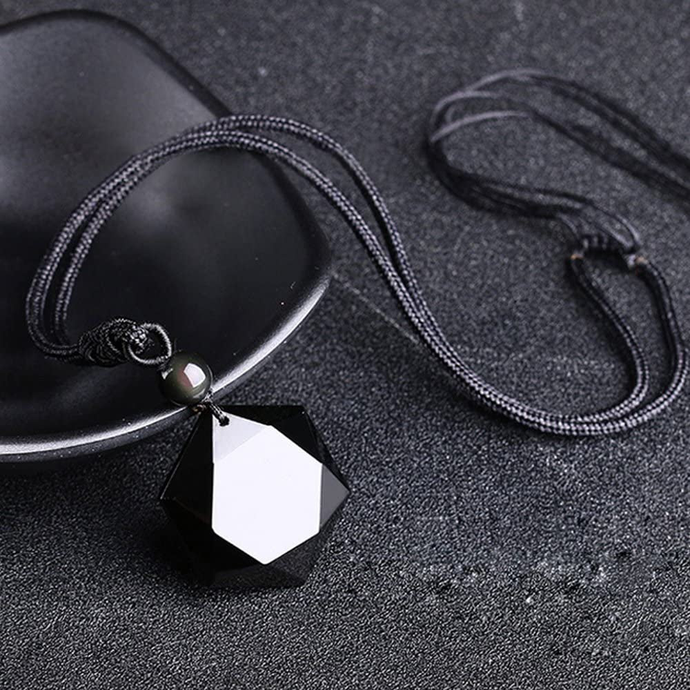 Black Obsidian Hexagram Natural Stone Necklace Translucent Ice Obsidian Wolf Tooth Amulet His and Hers Couples Necklace Lucky Love Pendant Necklace for Men Women