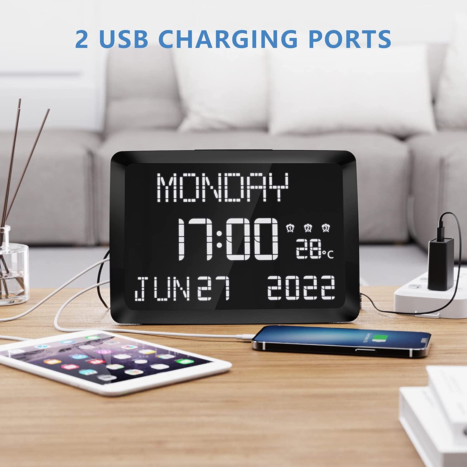 Digital Clock, 11.5" Large LED Word Display Dimmable Digital Wall Clock,Adjustable Brightness Digital Alarm Clock with Day and Date,Indoor Temperature,Snooze,12/24H,Dst for Home, Office,Elderly