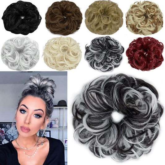 Hair Bun Extensions Messy Curly Hair Scrunchies Hairpieces Synthetic Donut Updo Hair Pieces for Women Girls 1PCS Natural Black Mix White