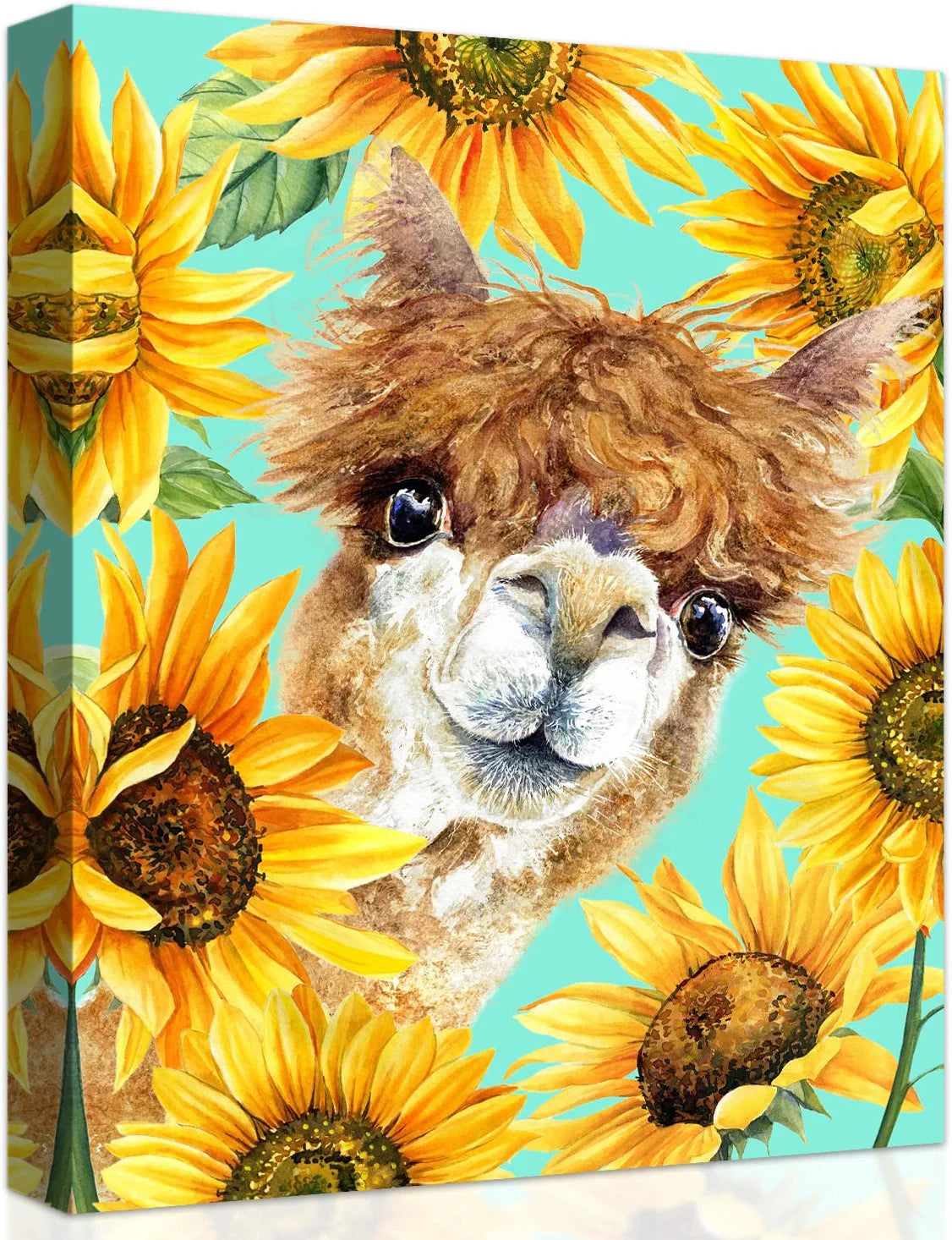 Alpaca Portrait Wall Art Funny Country Animal Canvas Printing Llama Picture Rural Animal Sunflowers Wall Painting Adorable Artwork for Living Room Kids Room Bedroom Nursery Decor Poster 12X16Inch