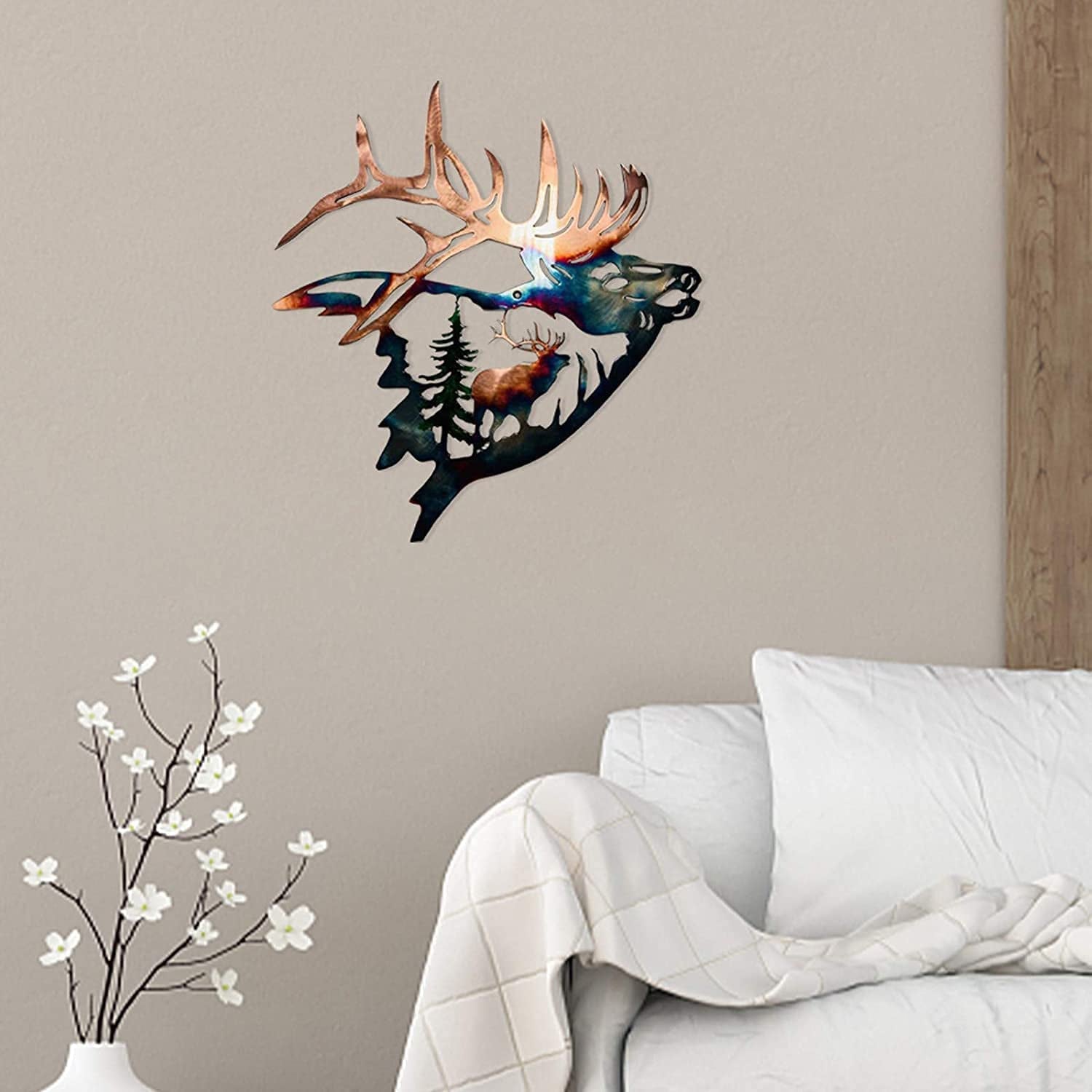 Home Collection Metal Wall Decor, Elk Deer Metal Wall Art Sculpture Silhouette Craft with Rustic Cabin Décor Finish Wall Decor Hanging for Living Room, Bedroom, Bathroom Indoor, 12.8 Inch