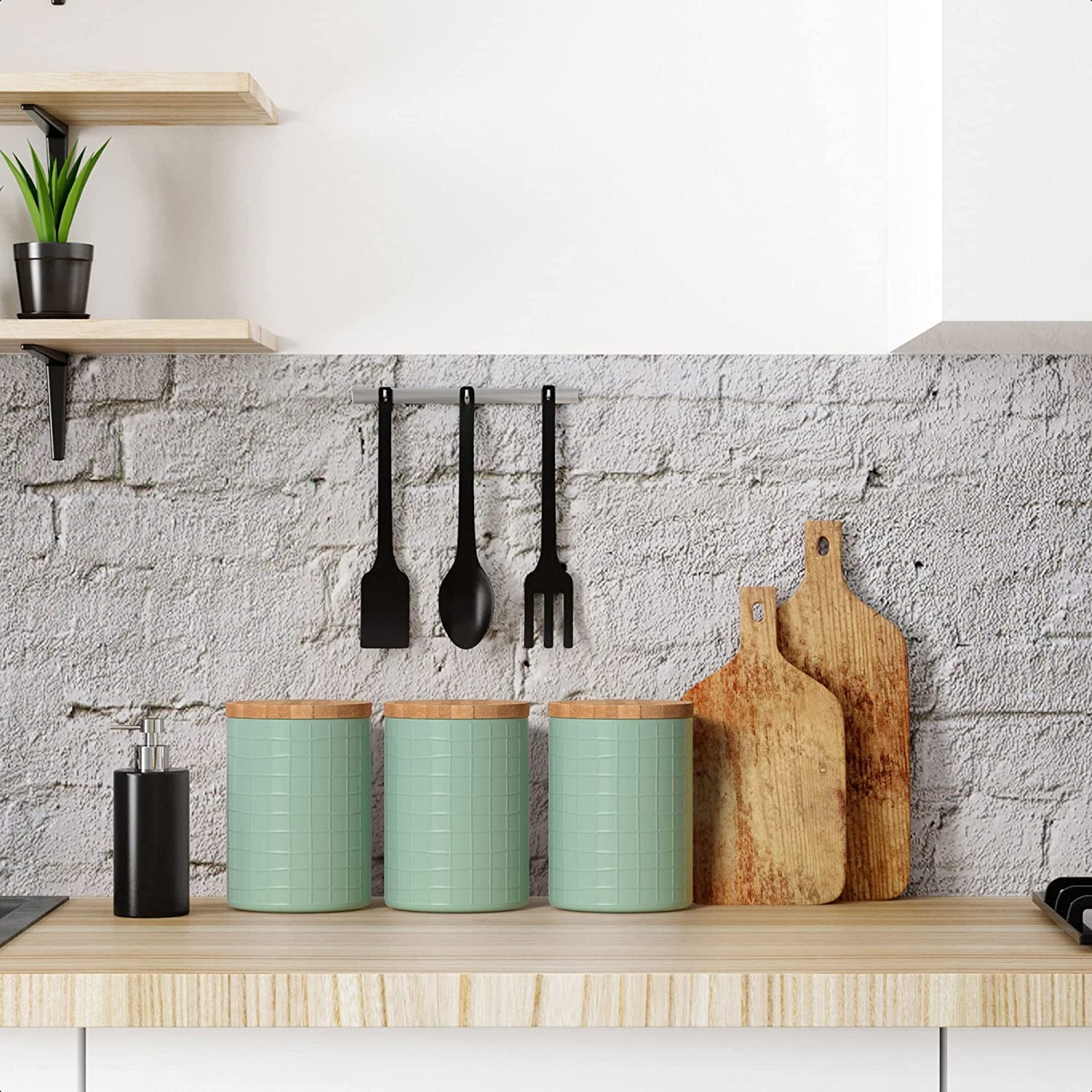 Kitchen Canisters with Bamboo Lids, Airtight Metal Canister Set, Coffee, Sugar, Tea, Flour Storage Containers, Farmhouse Kitchen Decor, Mint, 5.25” X 6.75”, Set of 3
