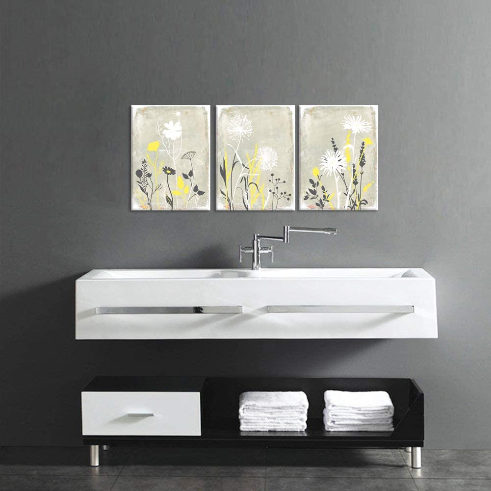 3 Pieces Yellow and Grey Flowers Wall Art Abstract Smiple Life Dandelion Floral Plant Art Print for Bathroom Bedroom Home Decor Stretched and Framed Ready to Hang 12X16Inchx3Pcs