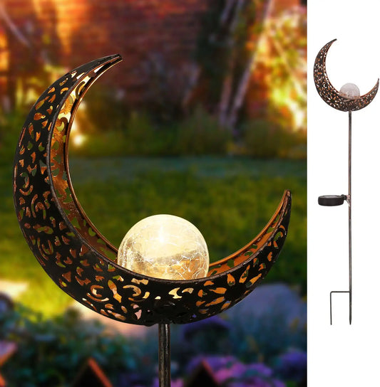 Garden Solar Lights Pathway Outdoor Moon Crackle Glass Globe Stake Metal Lights,Waterproof Warm White LED for Lawn,Patio or Courtyard (Bronze)