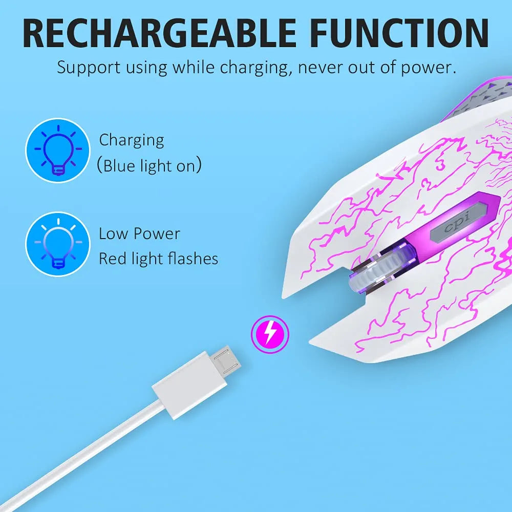 Wireless Gaming Mouse, Rechargeable Computer Mouse Mice with Colorful LED Lights, Silent Click, 2.4G USB Nano Receiver, 3 Level DPI for PC Gamer Laptop Desktop Chromebook Mac -White
