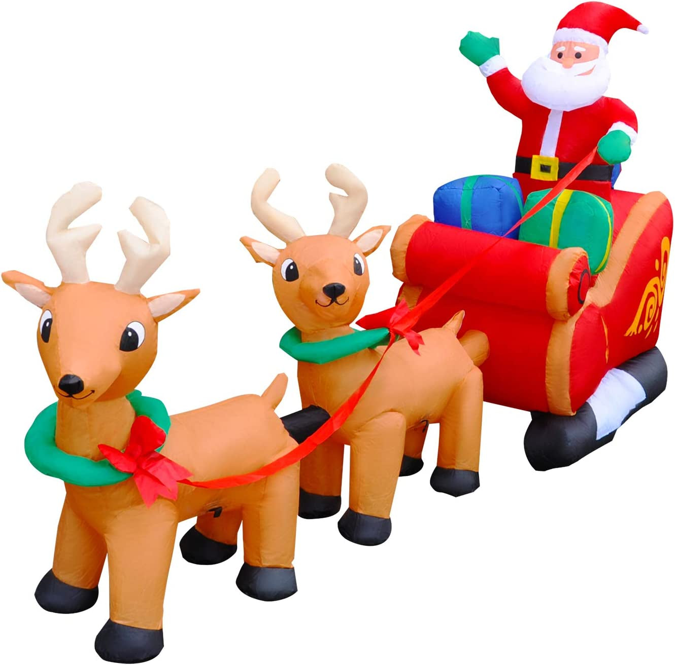 8 Ft Inflatable Christmas Reindeer Pull the Sleigh Take Santa Claus Xmas Decoration for Yard Lawn Garden Home Party Indoor Outdoor