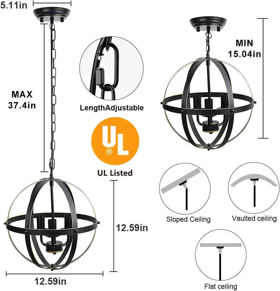 DLLT Chandelier Farmhouse Hanging Lighting, 3 Lights Globe Ceiling Light Fixture, Metal Swag Pendant Lighting for Kitchen, Dining Room, Living Room, Hallway, Bedroom, Entryway, E12 Base Gold