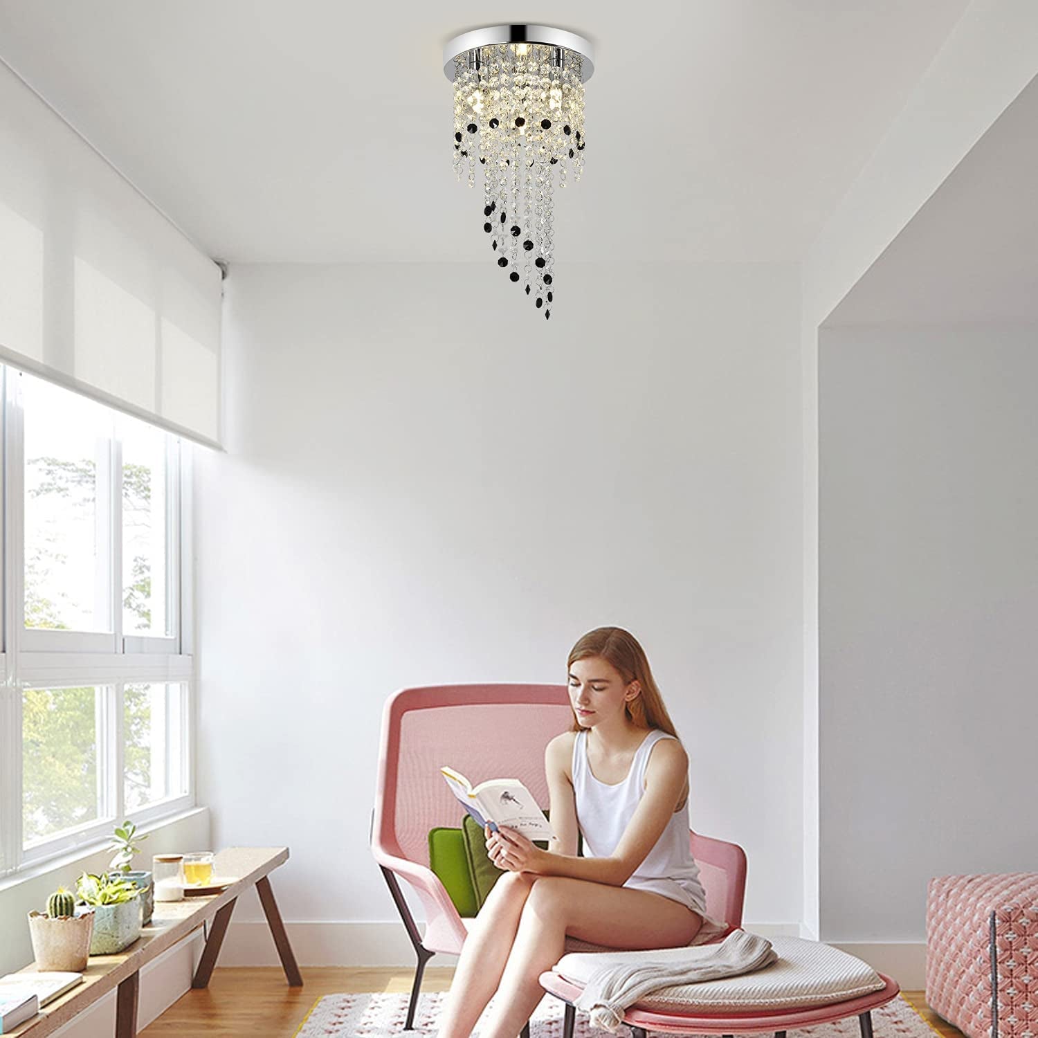 Crystal Chandelier Lighting, Mini Chandelier , 3-Light H15.16” W8.66”Modern Ceiling Lights , Flush Mount Ceiling Light,Small Chandelier for Closet , Girls Room,Bedroom, Living Room, Dining Room