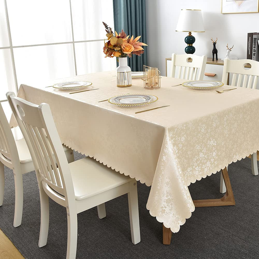 Rectangle Vinyl Tablecloth,100% Waterproof Heavy Duty Oil Spill Proof Stain Resistant Plastic PU Table Cover with Flannel Backing for Kitchen/Dining/Parties（Rose Beige, 60 X 84