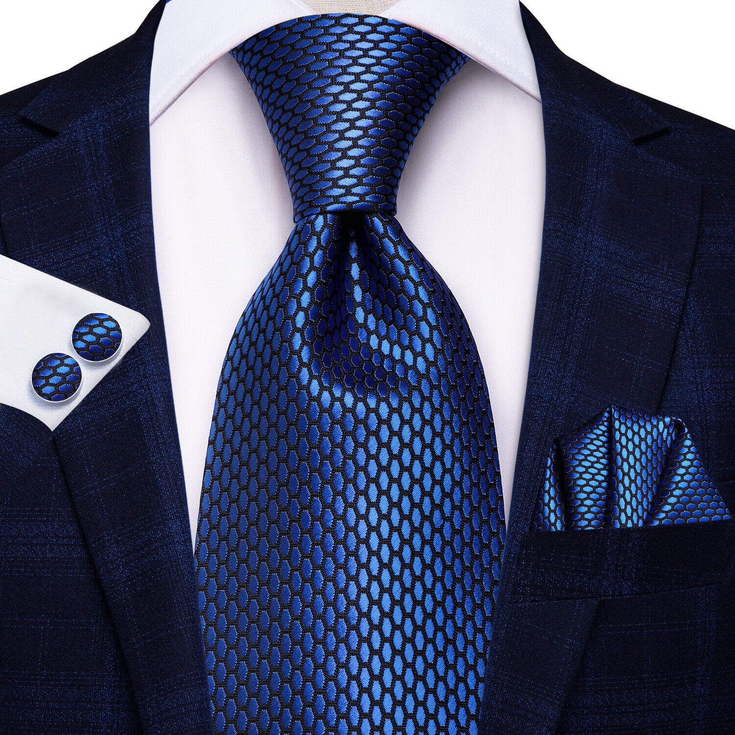 Navy Geometric Classic Men'S Tie All Silk Necktie Set Hanky Cufflinks Business
