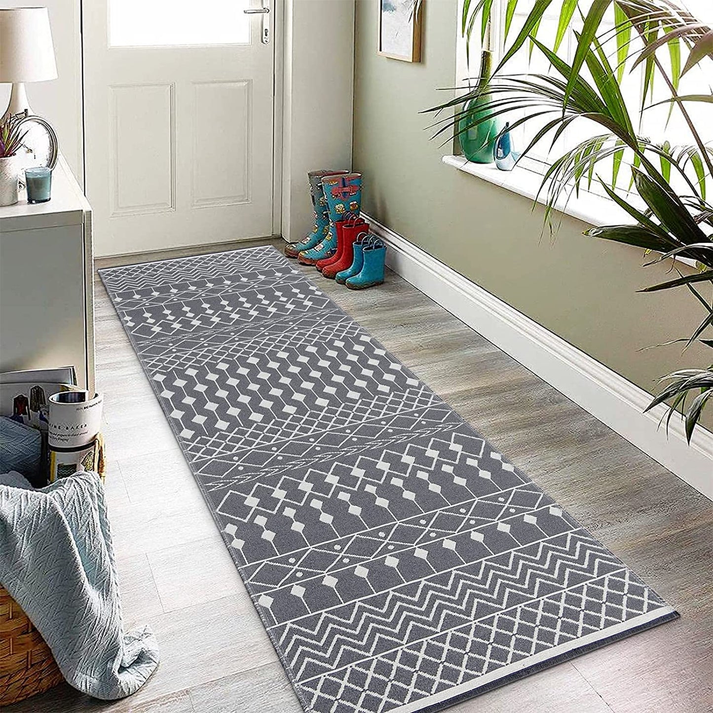 Extra Long Boho Runner Rug 2' X 6', Reversible Cotton Moroccan Throw Rug Bathroom Runner, Washable Hand Woven Hallway Runner Rug, Farmhouse Runner for Entryway, Bedroom and Kitchen, Grey