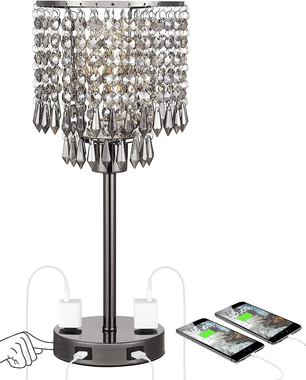 Black Crystal Table Bedside Lamp,Touch Control & 3-Way Dimmable, Small Nightstand Lamp with 2 USB Charging Ports and Outlets, Decorative Tabletop Lamp for Bedroom, Living Room-Bulb Included