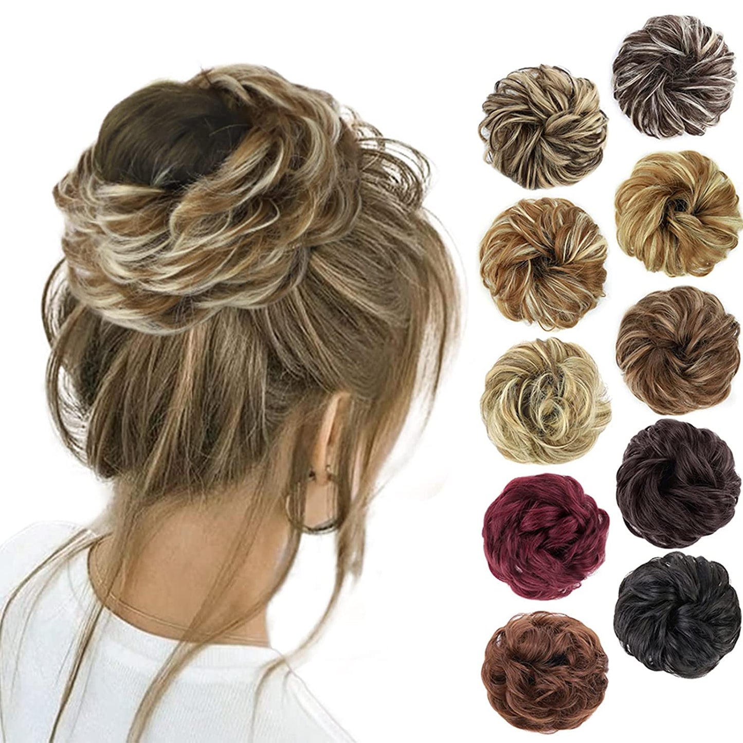 1PCS Messy Hair Bun Hair Scrunchies Extension Messy Synthetic Chignon for Women Updo Hairpiece (12Ah613(Light Golden Brown & Lightest Blonde))