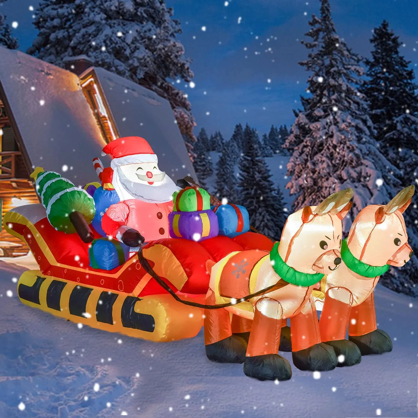Lighted Inflatable Santa Christmas Outdoor Decoration Clearance, 8ft Long Blow Up Santa Claus on Sleigh with 2 Reindeers and Bright LED Lights for Holiday Winter Christmas Yard Decoration