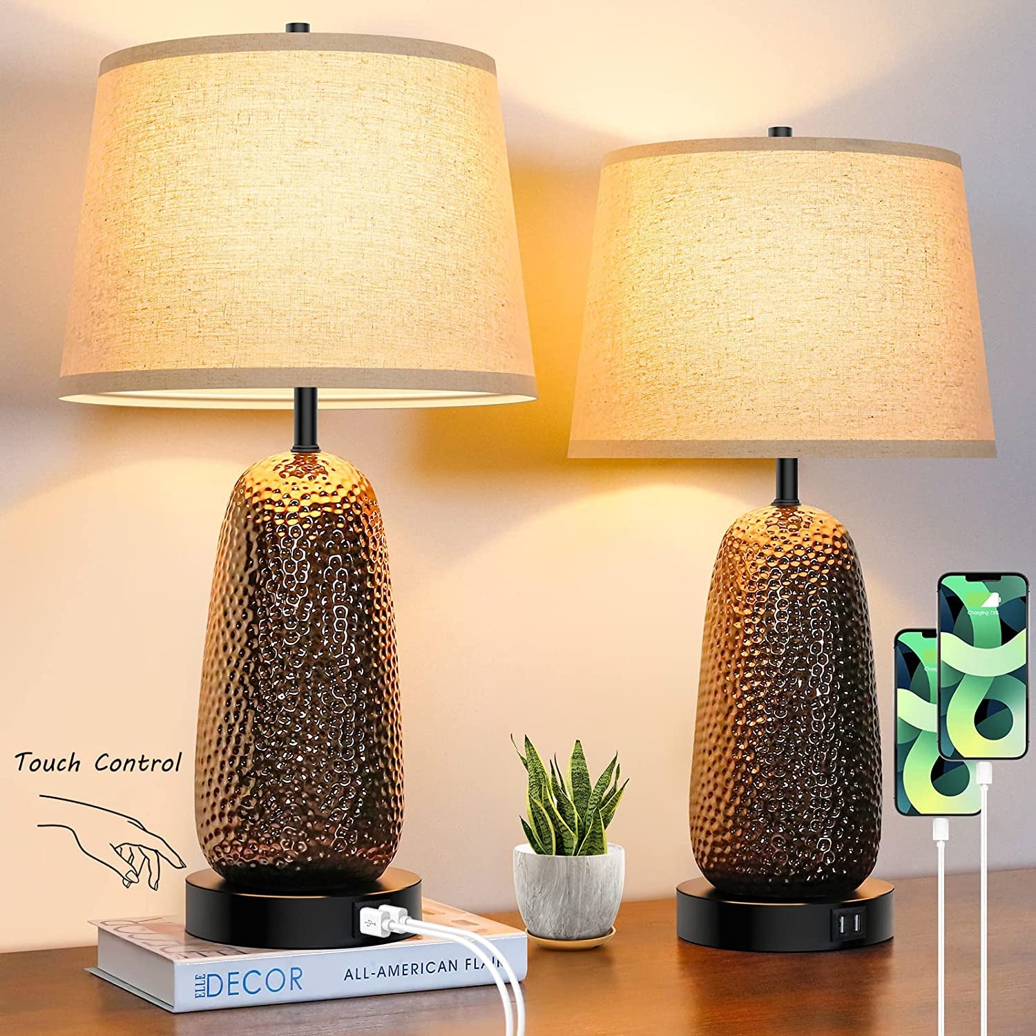 Touch Control Table Lamps Set of 2-3-Way Dimmable Ceramic Nightstand Lamps with 2 USB Ports, Modern Bedside Desk Light with Beige Drum Shade for Bedroom Living Room Reading, A19 LED Bulbs Included