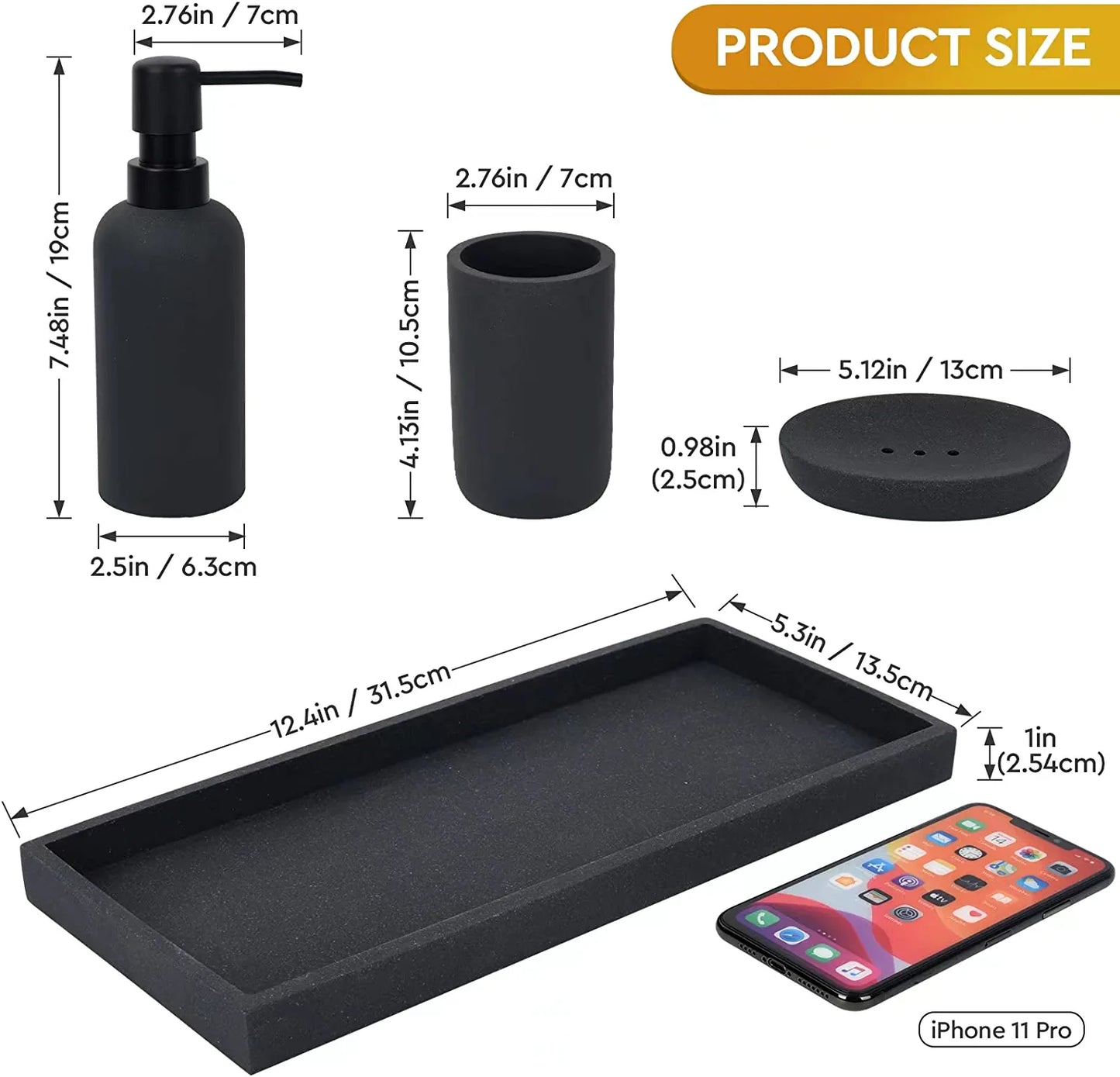 Bathroom Accessory Set-4 Pcs Complete Resin Bathroom Counter Vanity Accessories Sets Vanity Tray Lotion Dispenser/Soap Pump Toothbrush Holder Soap Dish-Matte Black Sandstone Modern Decor