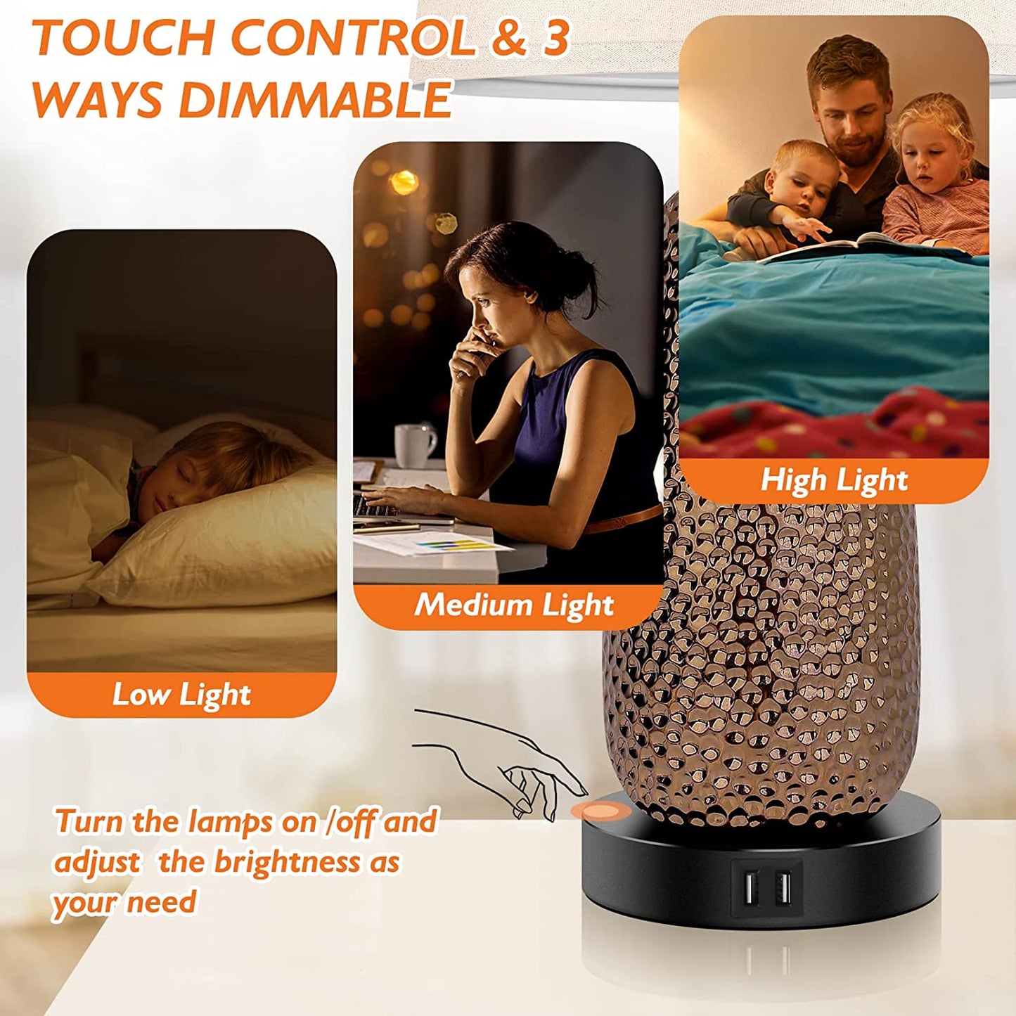 Touch Control Table Lamps Set of 2-3-Way Dimmable Ceramic Nightstand Lamps with 2 USB Ports, Modern Bedside Desk Light with Beige Drum Shade for Bedroom Living Room Reading, A19 LED Bulbs Included