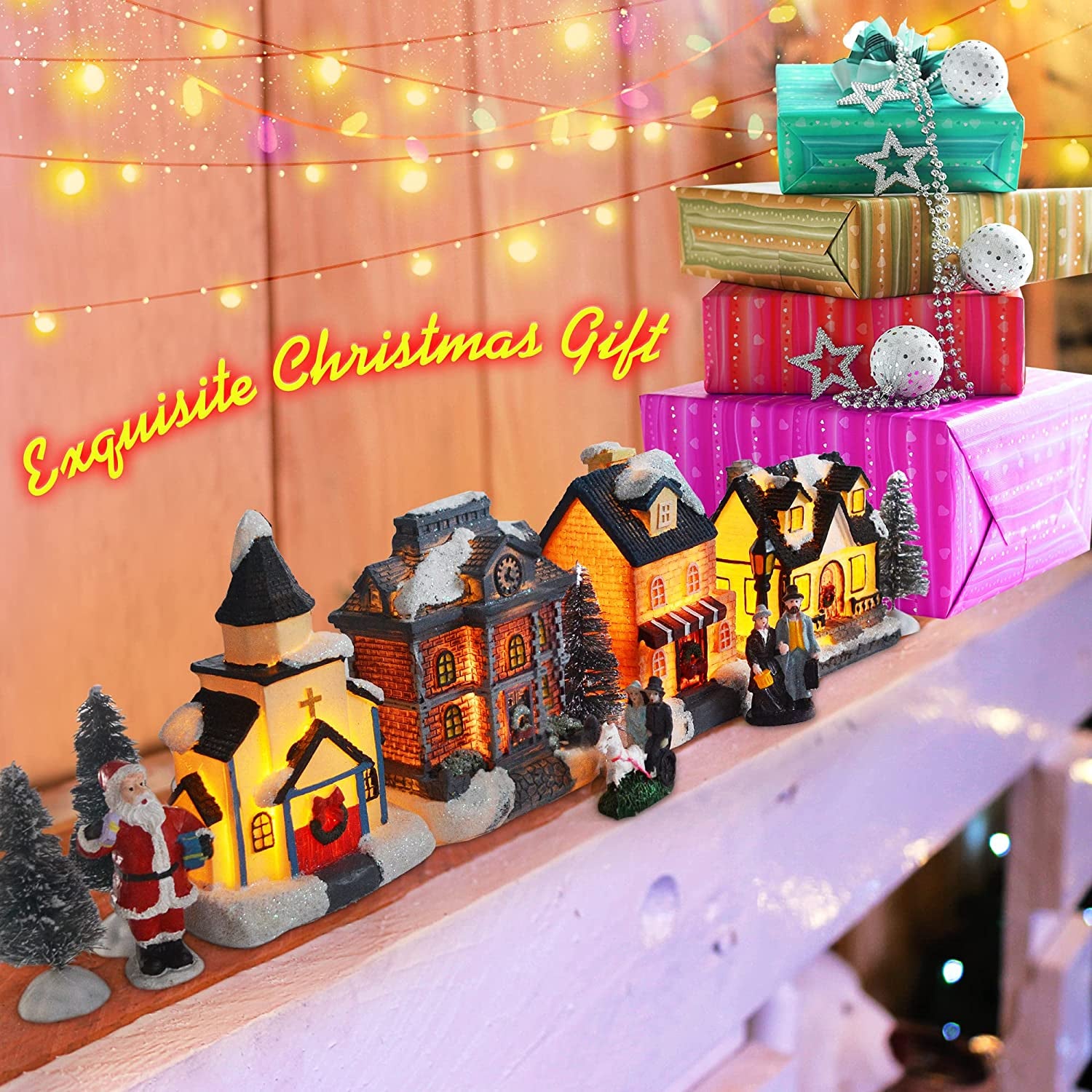 Christmas Village Sets - LED Lighted Christmas Village Houses with Figurines, Christmas Village Collection Indoor Room Decor - Collectible Buildings (12 PCS)