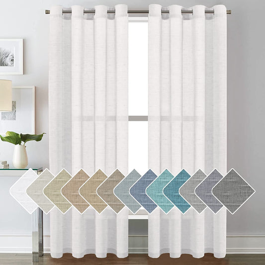 White Linen Curtain Panels Home Decorative Rich Linen Blended Curtains Grommet Semi Sheer Curtains for Bedroom / Living Room - Elegant Soft Light Filter Window Treatments Curtains 2 Panels, W52 X L84