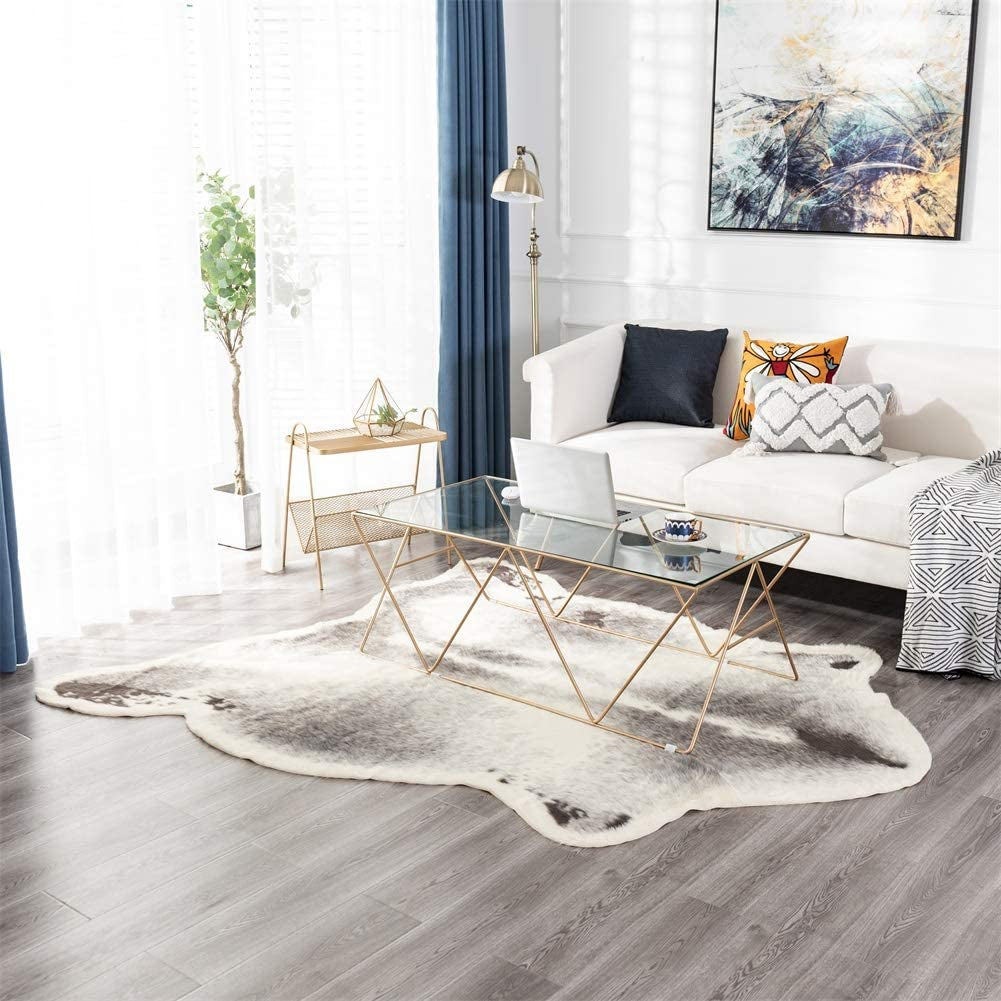 Faux Cowhide Area Rug, 41.3X31.5In Faux Cow Skin Fur Animal Print Rugs for Home Office Living Room,Bedroom (Small-Grey+Beige,105 X 80Cm)