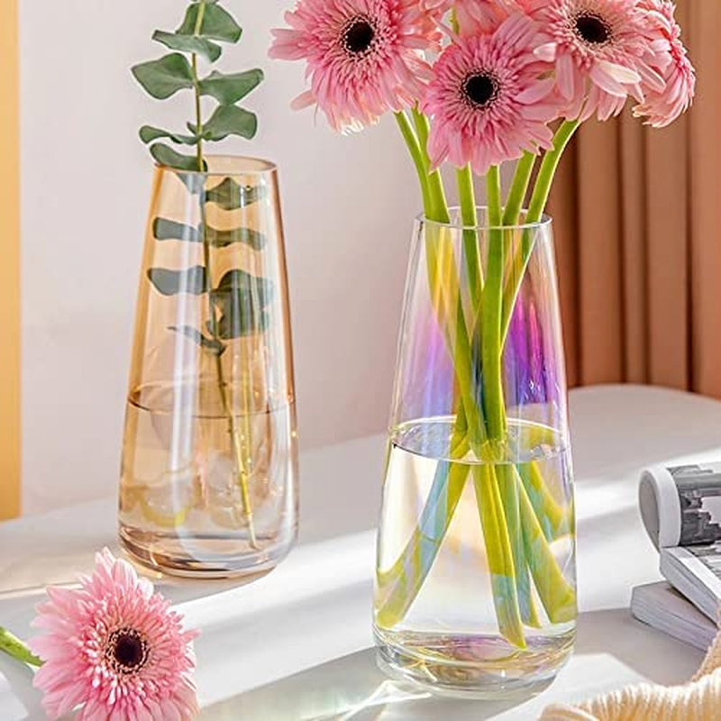 Flower Glass Vase for Decor Home Handmade Modern Large Flower Vases for Centerpieces Living Room Kitchen Office Wedding 8.7 Inch ( Iridescent Clear )