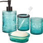 4Pcs Heavy Weight Decent Blue Glass Bathroom Accessories Set with Decorative Pressed Pattern - Includes Hand Soap Dispenser & Tumbler & Soap Dish & Toothbrush Holder (Teal Blue)
