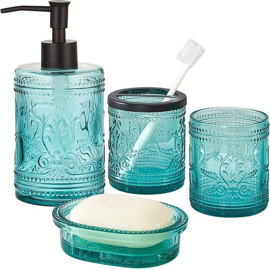 4Pcs Heavy Weight Decent Blue Glass Bathroom Accessories Set with Decorative Pressed Pattern - Includes Hand Soap Dispenser & Tumbler & Soap Dish & Toothbrush Holder (Teal Blue)