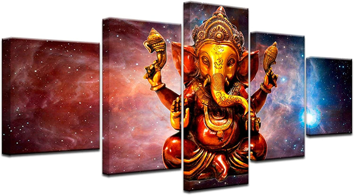 5 Pieces Hindu God Ganesha With Cosmic Planet Canvas Pictures Hd Printed Wall Art for Living Room Decor Buddhism Posters 40x20inch(100x50cm) Framework