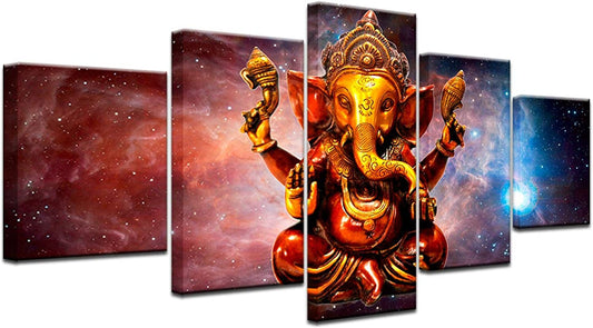 5 Pieces Hindu God Ganesha With Cosmic Planet Canvas Pictures Hd Printed Wall Art for Living Room Decor Buddhism Posters 40x20inch(100x50cm) Framework
