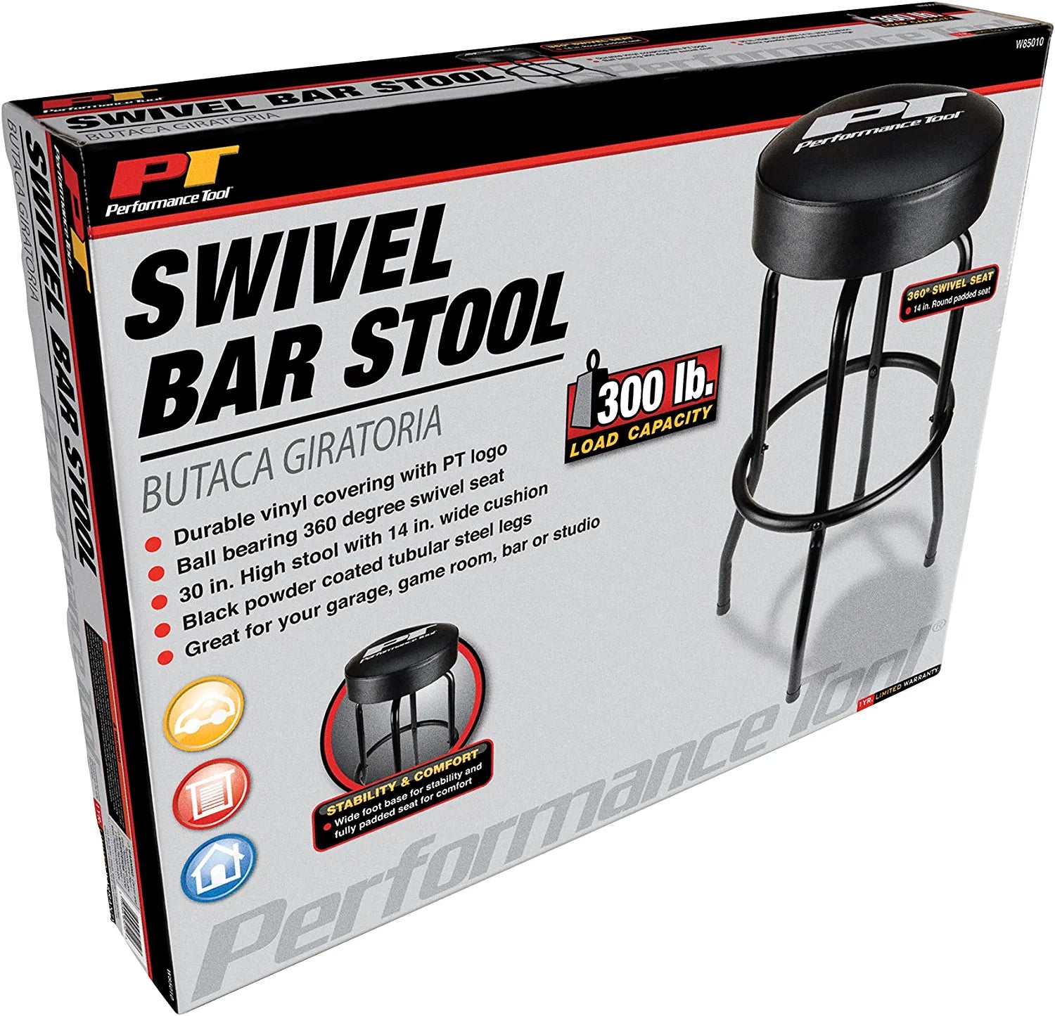W85010 Swivel Seat Bar Stool for Mechanic Garages and Workshops, Black, 0.6X9.8X5.8 Inches