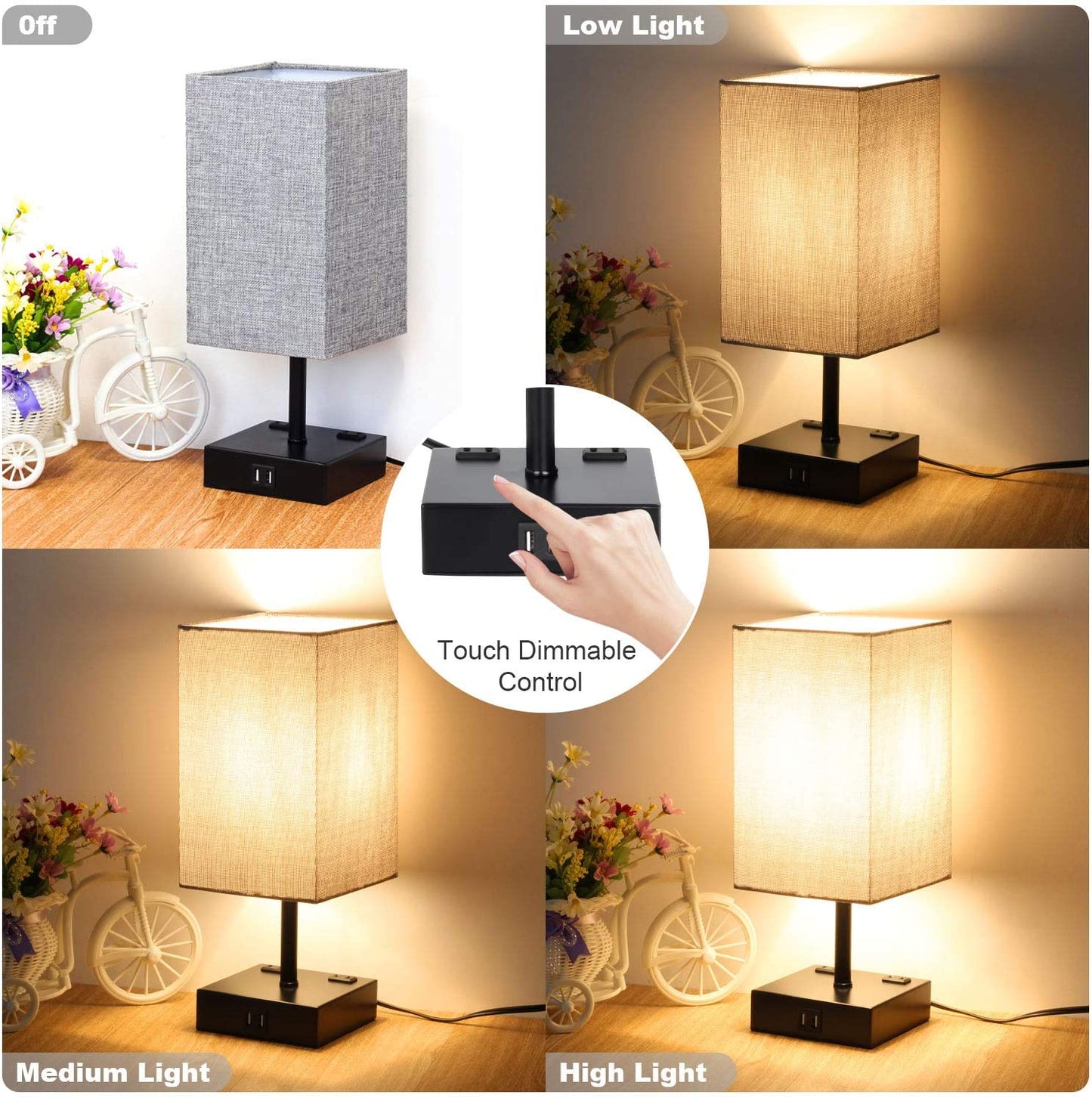 Touch Control Table Lamp, 3 Way Dimmable Bedside Desk Lamps with 2 USB Charging Ports 2 AC Outlets,Grey Fabric Shade Modern Nightlight for Bedroom, ST64 LED Bulbs Included,Set of 2