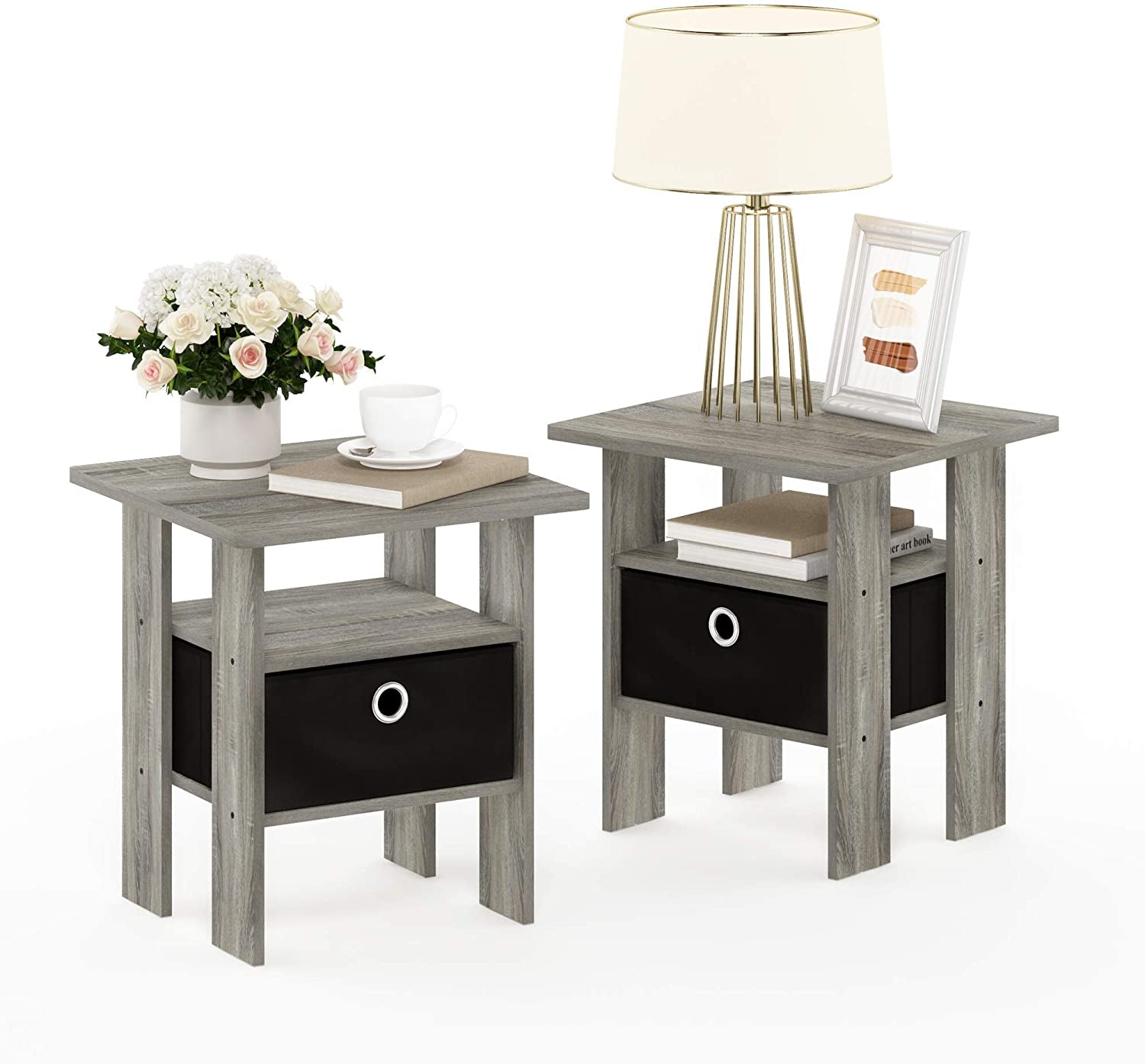 Andrey Set of 2 End Table / Side Table / Night Stand / Bedside Table with Bin Drawer, French Oak Grey