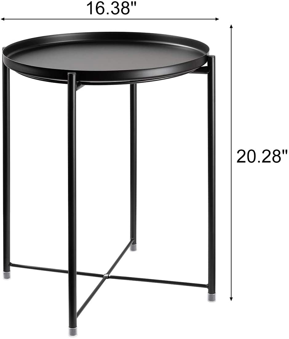 Side Table round Metal, Outdoor Side Table Small Sofa End Table Indoor Accent Table round Metal Coffee Table Waterproof Removable Tray Table for Living Room Bedroom Balcony Office Black