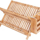 Dish Rack,Bamboo Folding 2-Tier Collapsible Drainer Dish Drying Rack with Utensils Flatware Holder Set (Dish Rack with Utensil Holder)