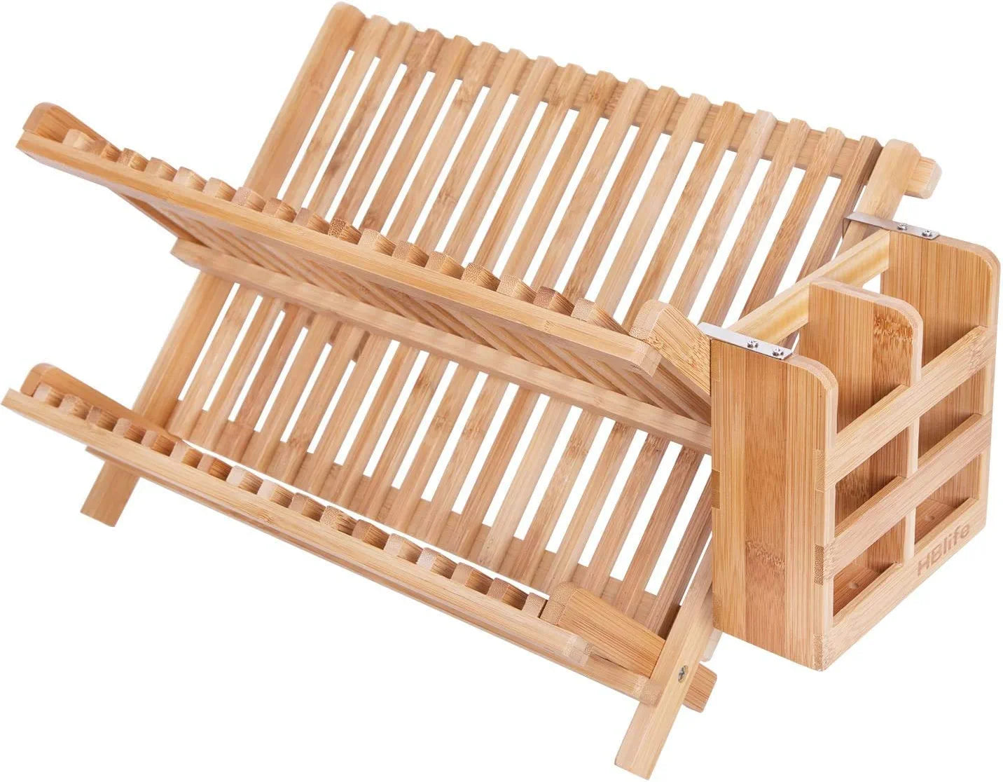 Dish Rack,Bamboo Folding 2-Tier Collapsible Drainer Dish Drying Rack with Utensils Flatware Holder Set (Dish Rack with Utensil Holder)