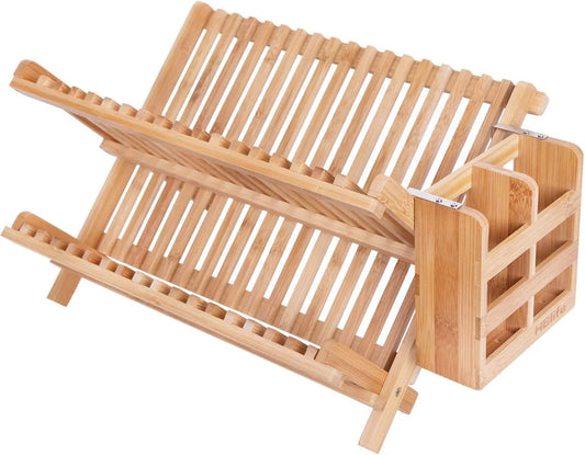 Dish Rack,Bamboo Folding 2-Tier Collapsible Drainer Dish Drying Rack with Utensils Flatware Holder Set (Dish Rack with Utensil Holder)