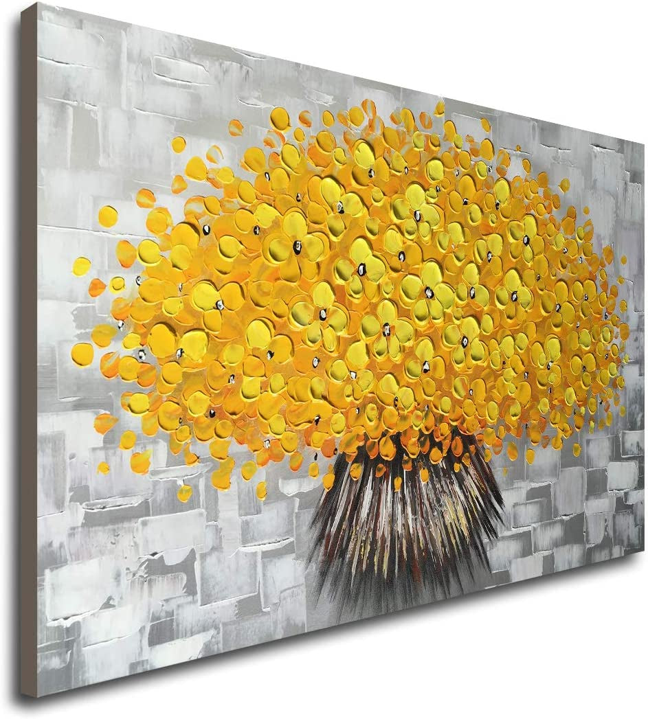 Handmade Yellow Flower Wall Art on Canvas One Piece Painting Gray Modern Abstract Artwork