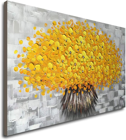 Handmade Yellow Flower Wall Art on Canvas One Piece Painting Gray Modern Abstract Artwork