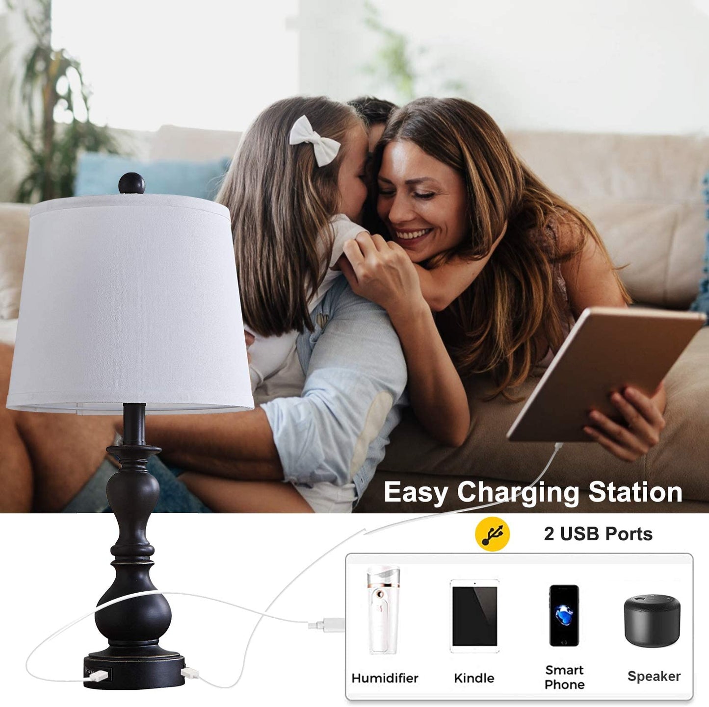 Resin Table Lamp Sets of 2 for Bedroom Living Room Plug in Bedside Nightstand Light Lamps with 2 USB Ports White Fabric Shade, 22In 2-Pack(Black)